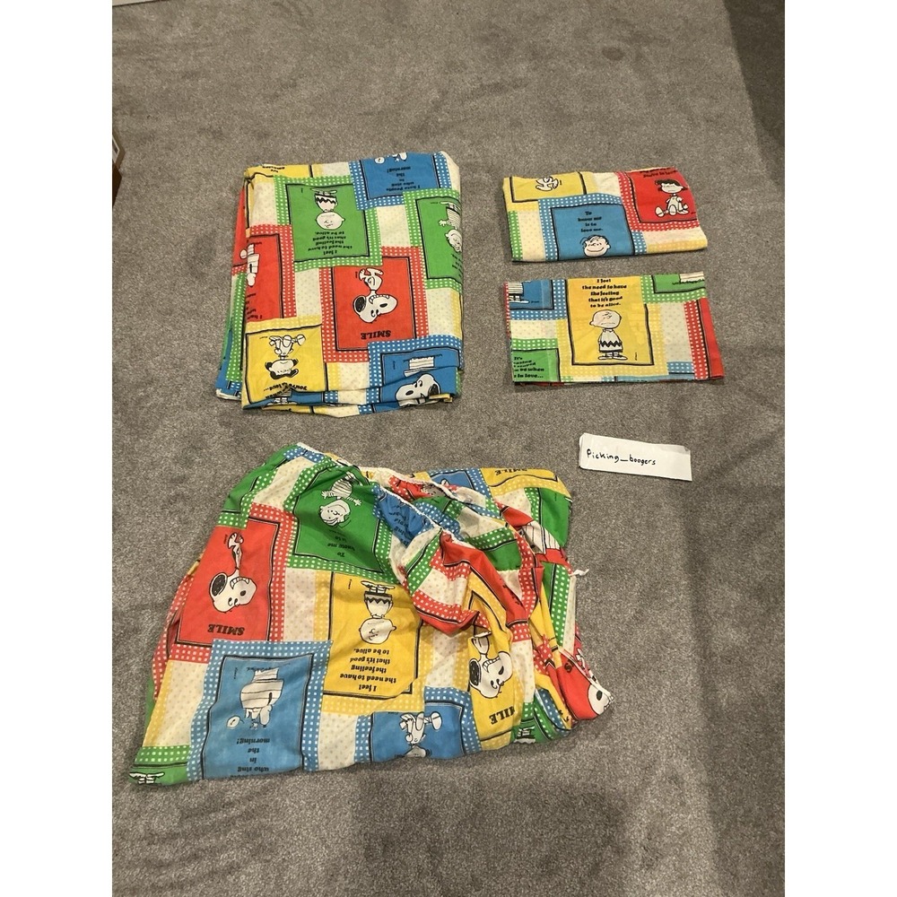 Vintage 1970s Peanuts Charles Schultz Twin Set, Sheet Flat, Fitted, 2 Pillowcase